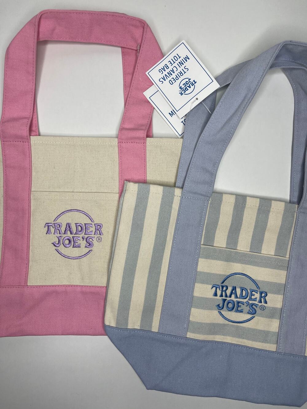 Set of 2 Trader Joe’s Canvas MINI Tote Bags, PASTEL PINK + BABY BLUE STRIPE NWT!